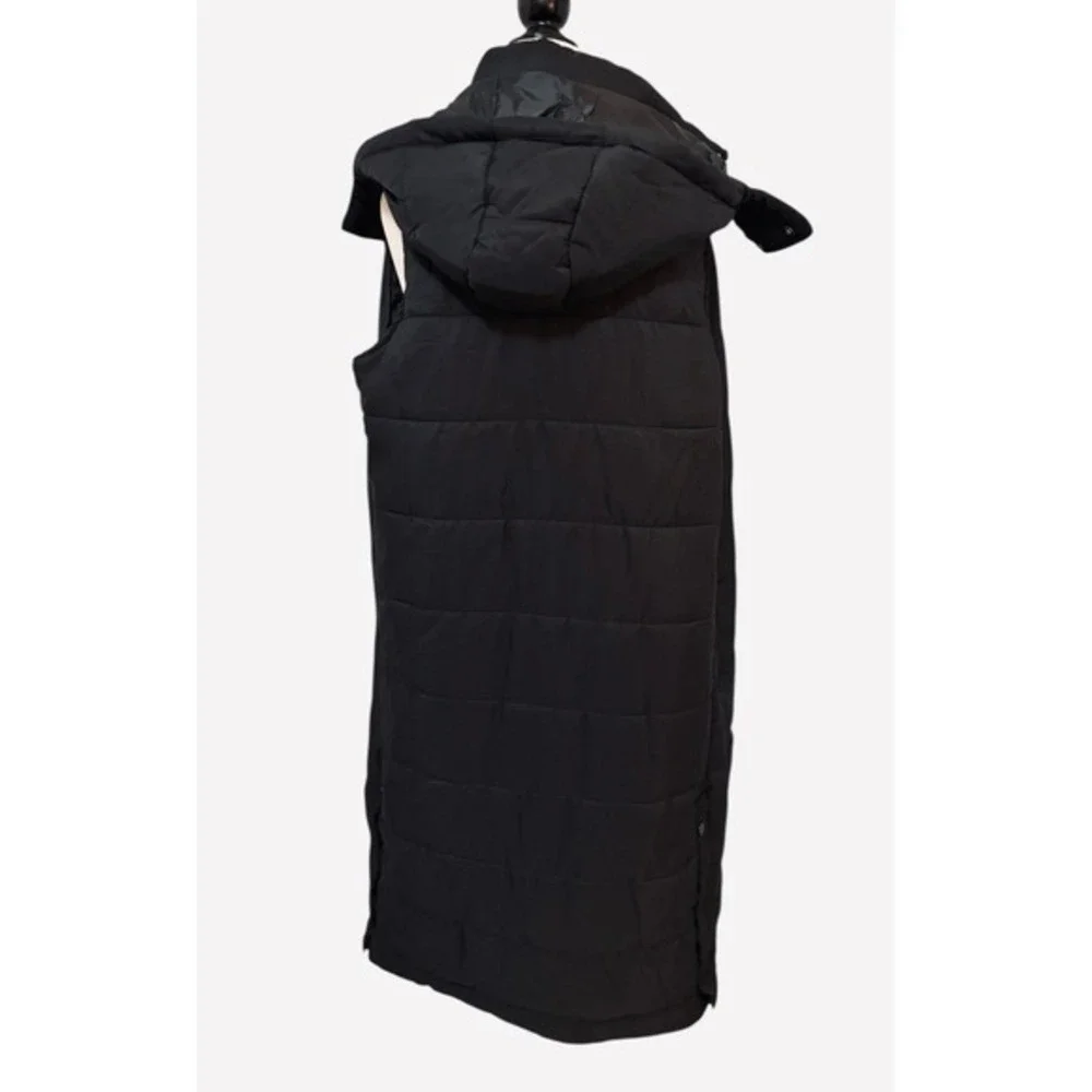 NEW Womens Small Black Long Puffer Vest Hooded Sleeveless Quilted Side Snaps - Picture 6 of 8